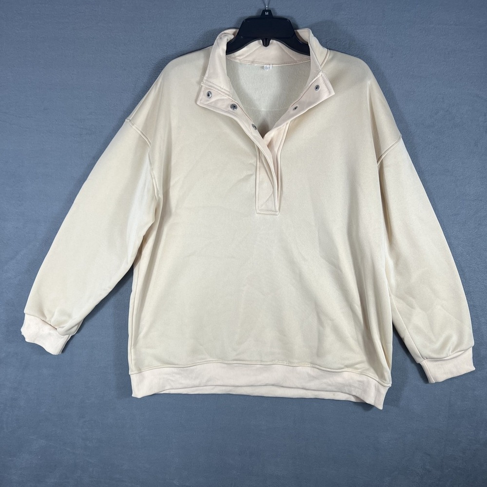 Women's XL Cream Quarter Snap Collared‎ Pullover Sweatshirt Fleece Lined Relaxed